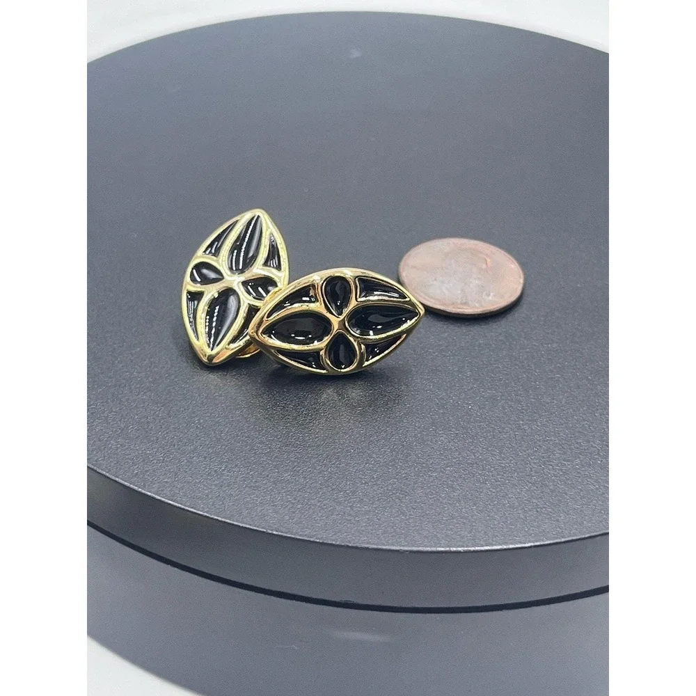 Authenticated Givenchy NY Vintage Black‎ Enamel signed Gold Tone Clip Earrings